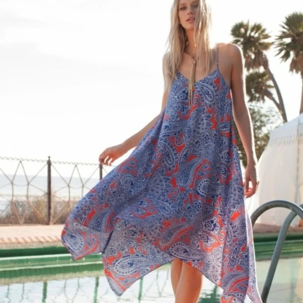 Trina Turk Alverta Silk Paisley Midi Dress Cobalt Blue and Orange Size 4